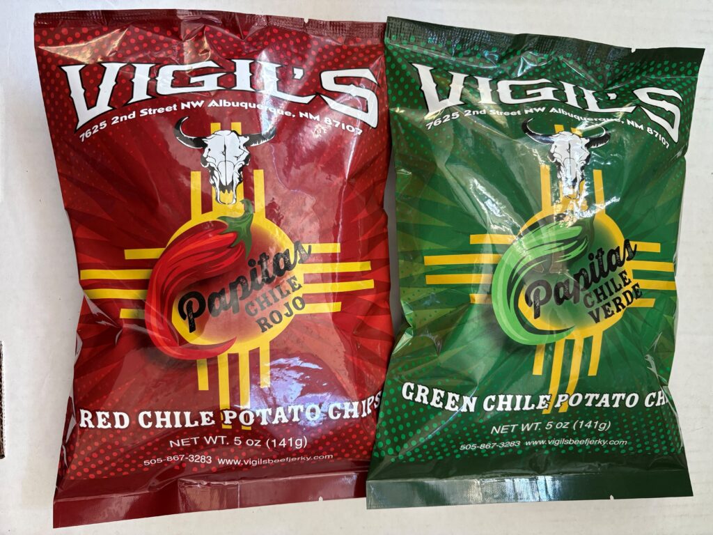 Vigil's red and green chile chip bag packaging design
